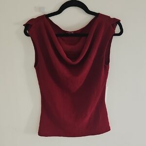 Red Sleeveless Cowl Neck Top Blouse with Notched Shoulder Detailing